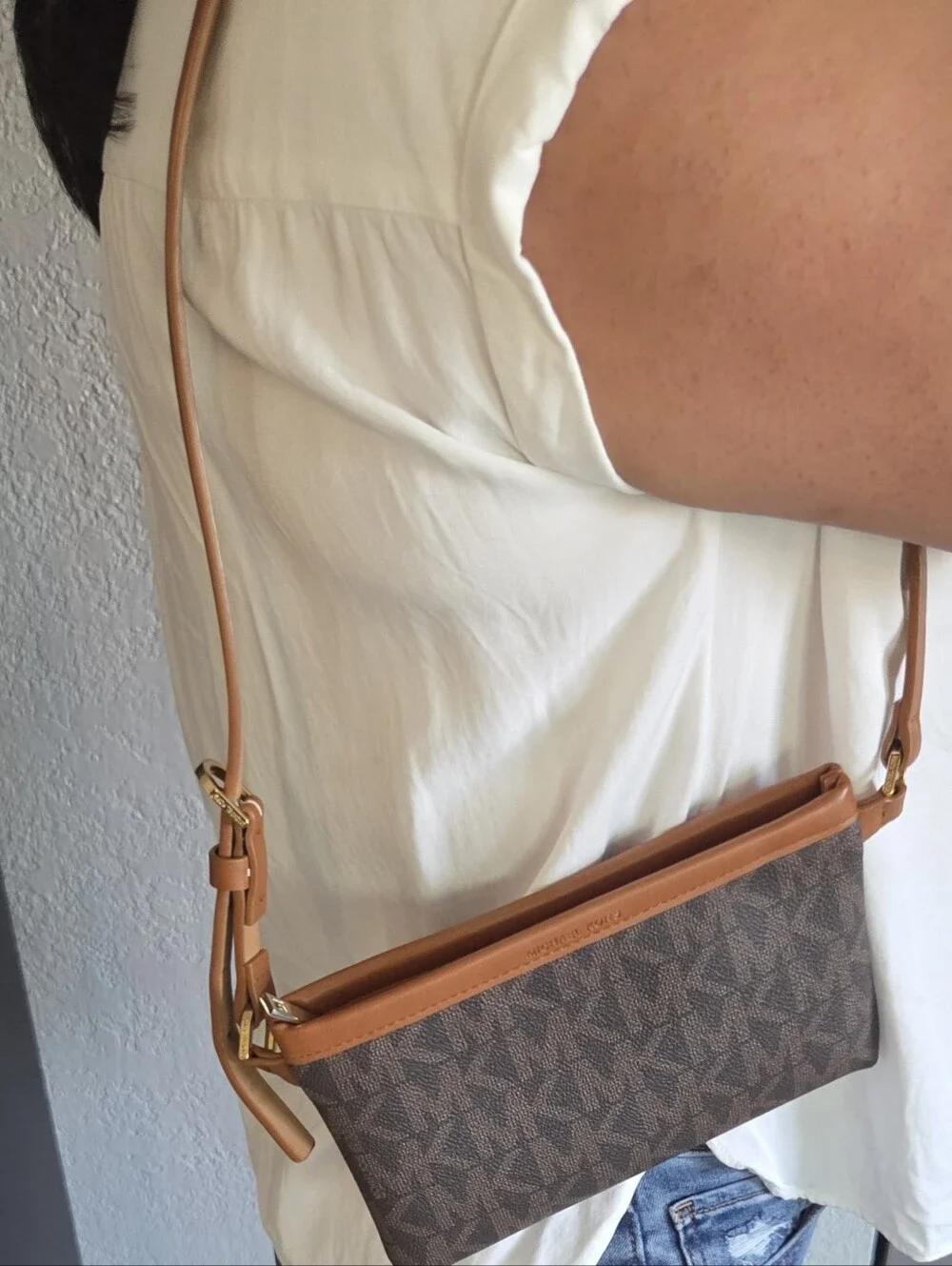 Michael Kors Brown Monogram Waist Pouch with Tan Strap